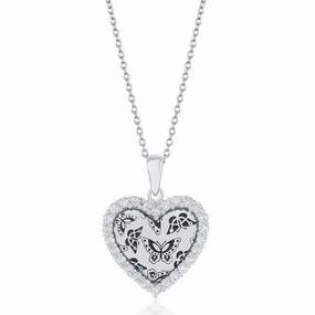 Sterling Silver CZ Border Heart with Butterfly Design Necklace