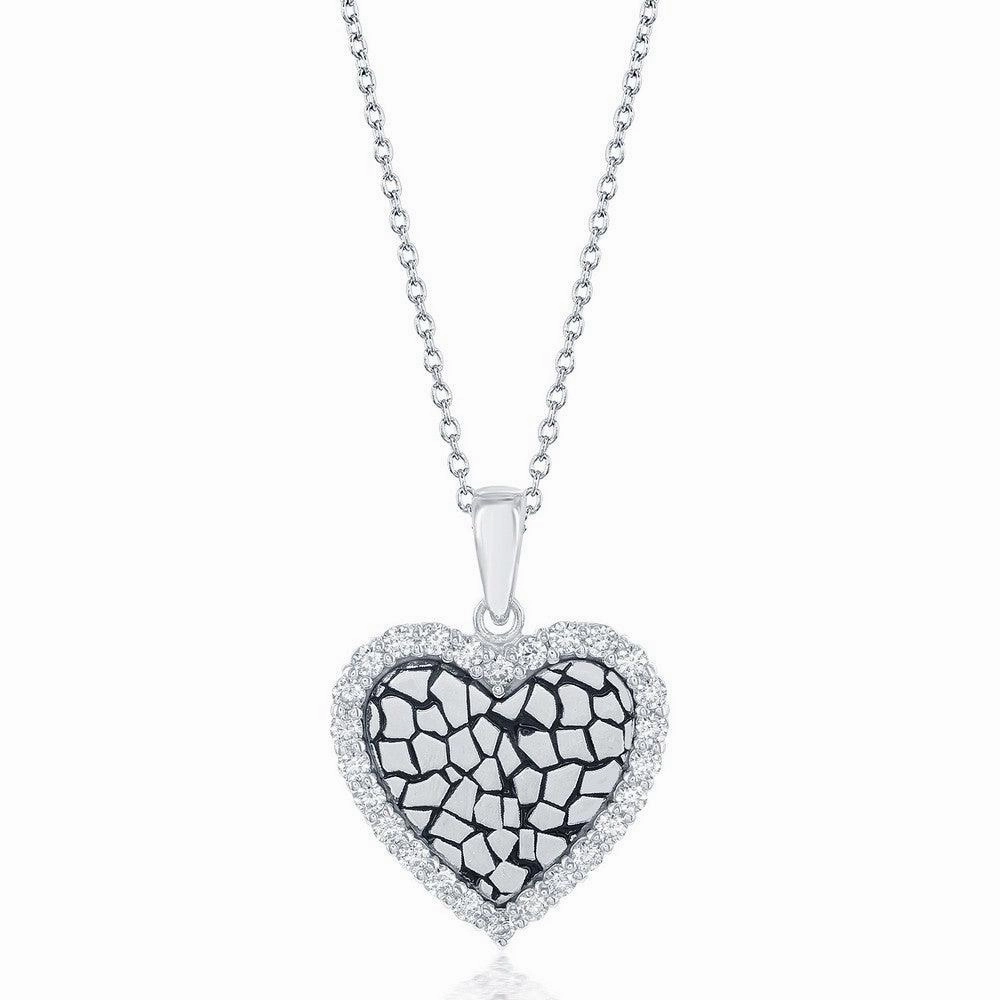 Sterling Silver CZ Border Heart with Cobblestone Design Necklace