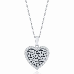 Sterling Silver CZ Border Heart with Cobblestone Design Necklace