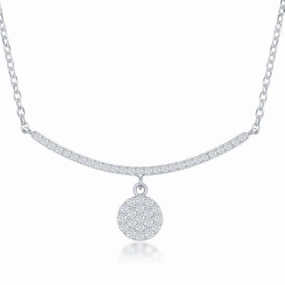 Sterling Silver CZ Curved Bar with Dangling Disc Necklace