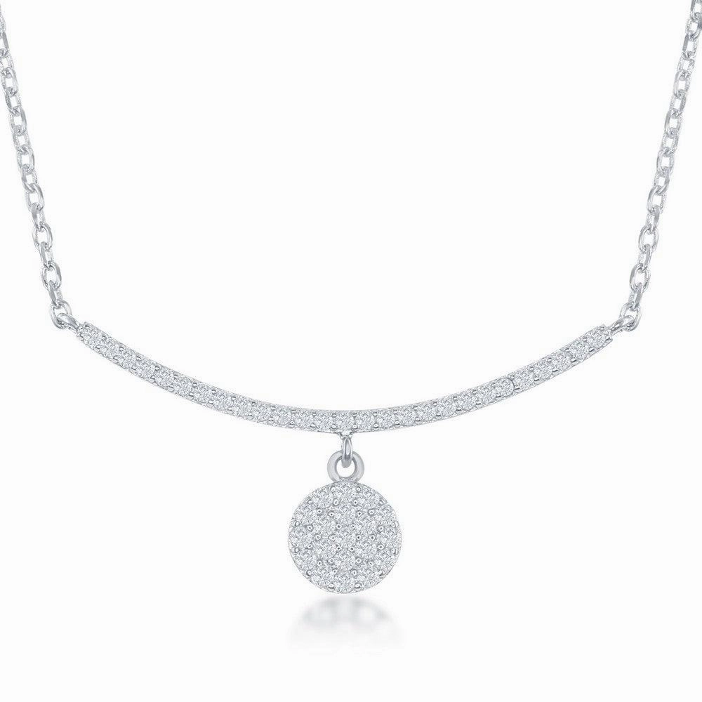 Sterling Silver CZ Curved Bar with Dangling Disc Necklace
