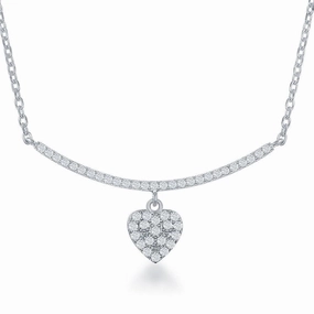 Sterling Silver CZ Curved Bar with Dangling Heart Necklace