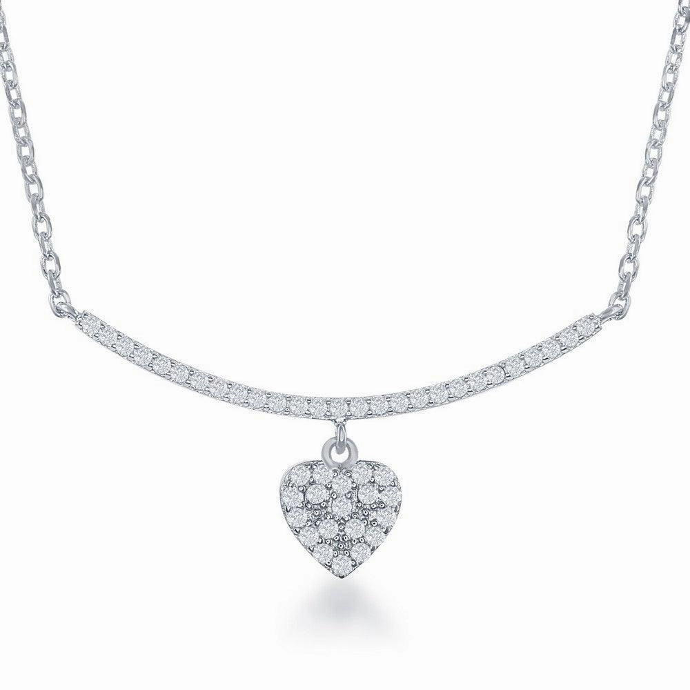 Sterling Silver CZ Curved Bar with Dangling Heart Necklace