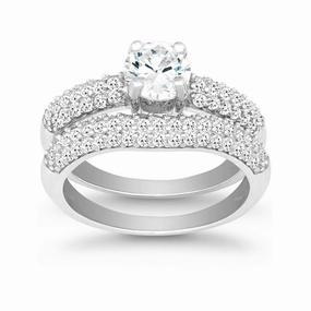 Sterling Silver CZ Engagement and Wedding Ring Set - W-9897