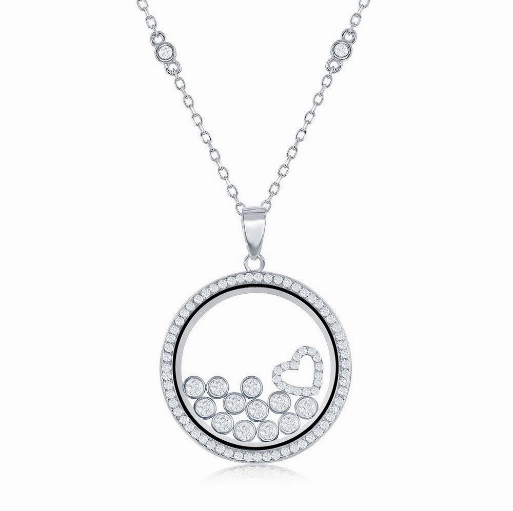 Sterling Silver CZ Floating Heart & Round CZ's in a Disc Necklace