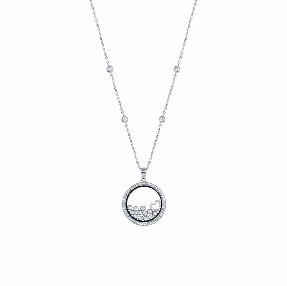 Sterling Silver CZ Floating Heart & Round CZ's in a Disc Necklace