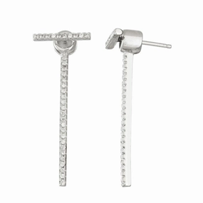 Sterling Silver CZ Front and Back Long Bar Earrings