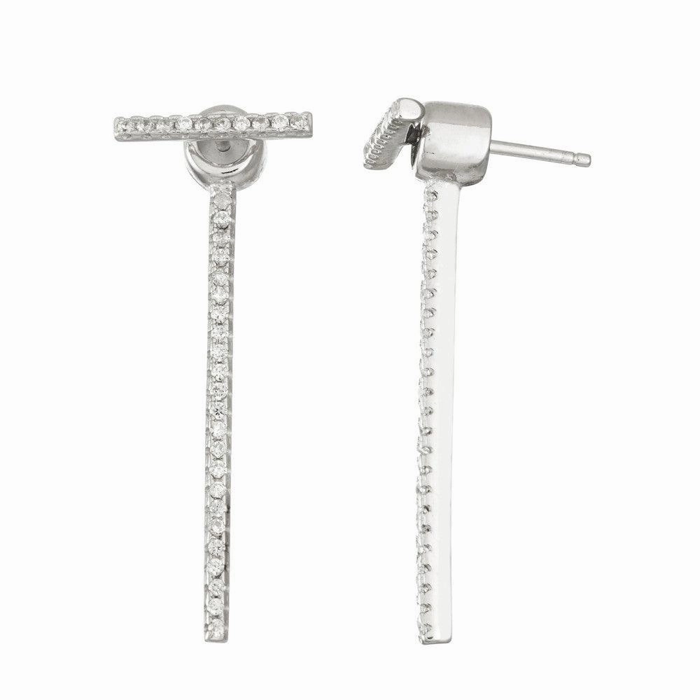 Sterling Silver CZ Front and Back Long Bar Earrings