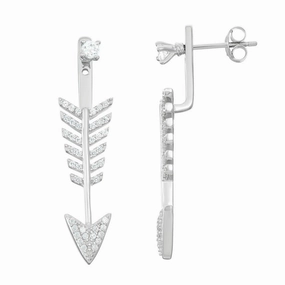 Sterling Silver CZ Front With Arrow Back Earrings