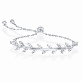 Sterling Silver CZ Leaf Design Adjustable Bolo Bracelet