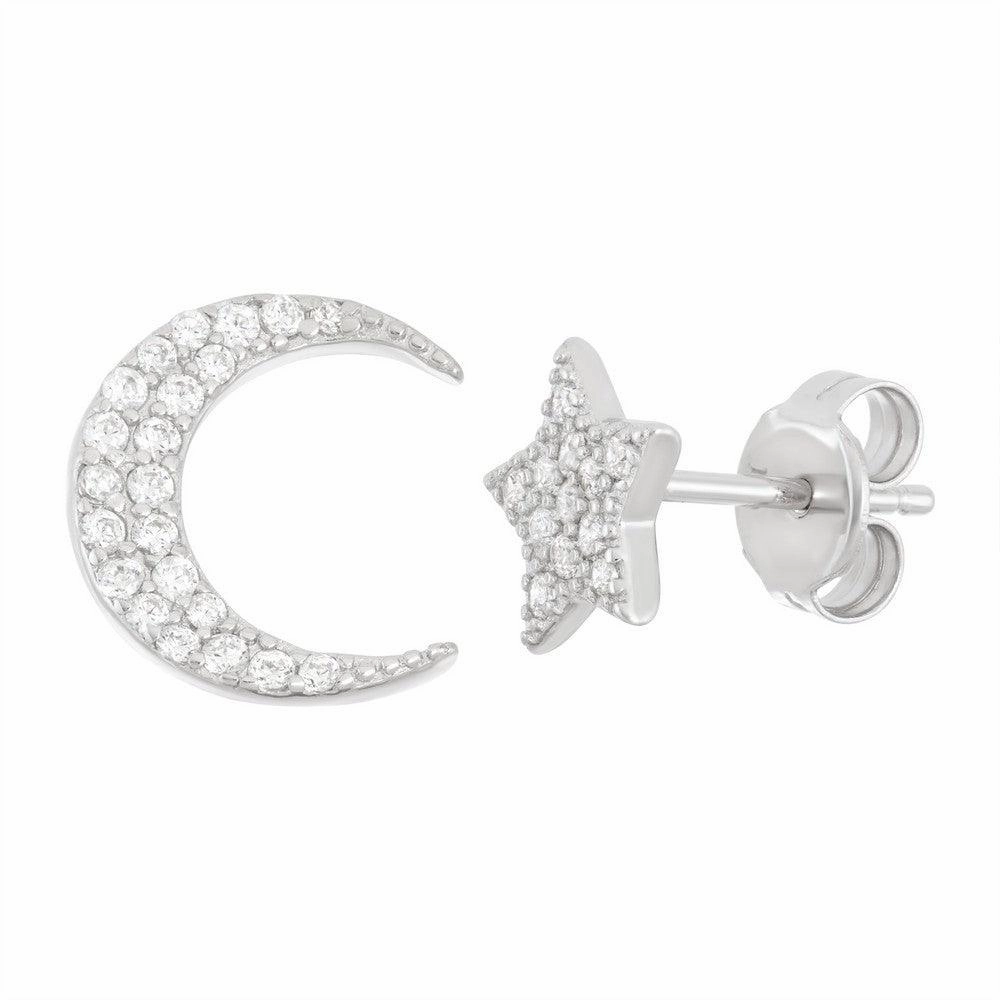 Sterling Silver CZ Star and Moon Stud Earrings