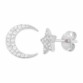 Sterling Silver CZ Star and Moon Stud Earrings