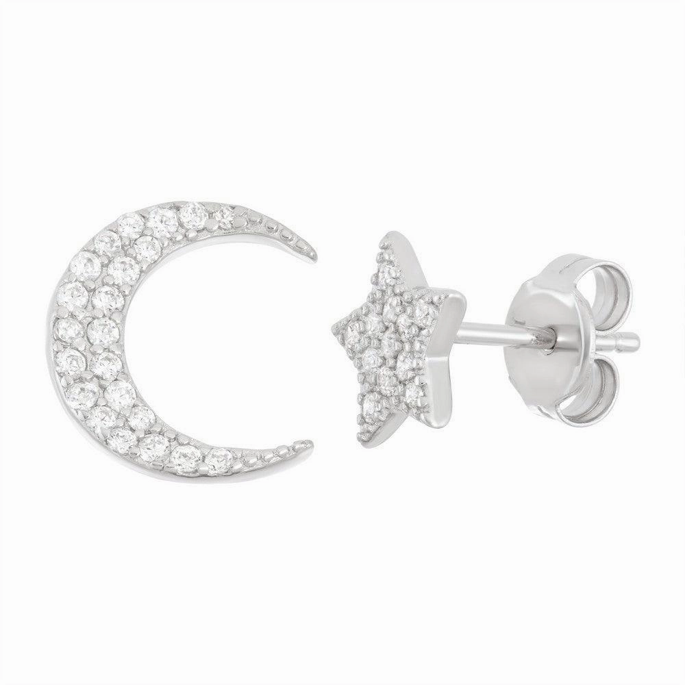 Sterling Silver CZ Star and Moon Stud Earrings