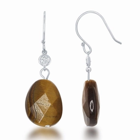 Sterling Silver CZ with Brown Tiger Eye Earrings