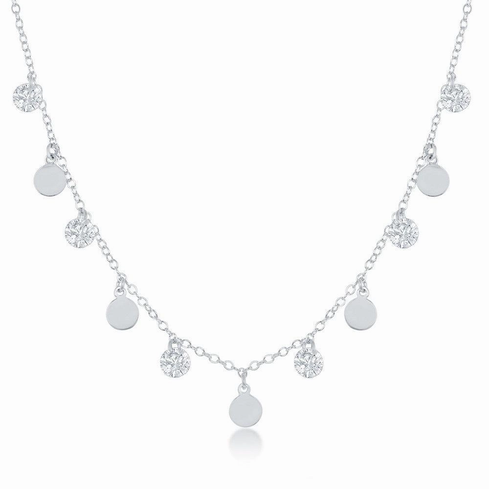 Sterling Silver Dangling Cubic Zirconia's and Discs Necklace