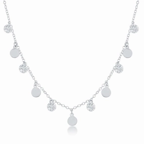 Sterling Silver Dangling Cubic Zirconia's and Discs Necklace
