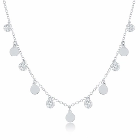 Sterling Silver Dangling Cubic Zirconia's and Discs Necklace