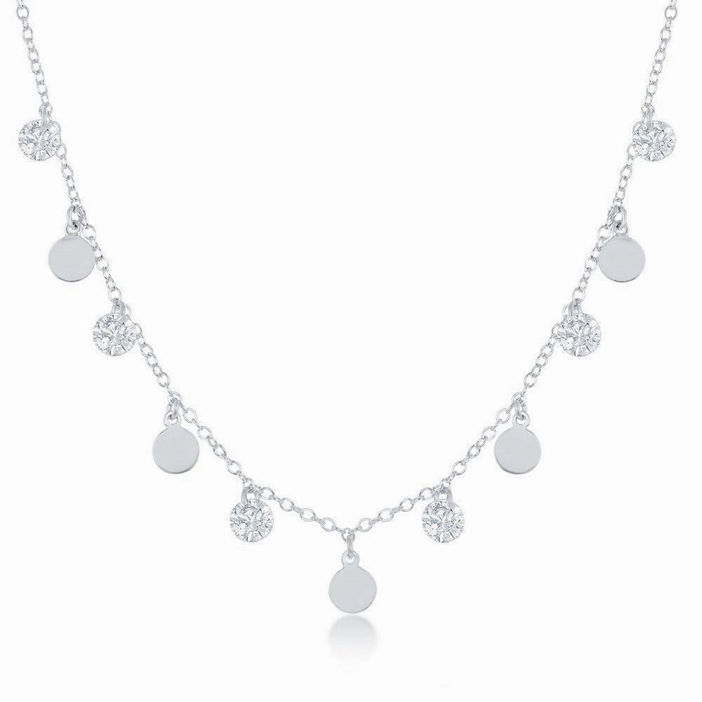 Sterling Silver Dangling Cubic Zirconia's and Discs Necklace