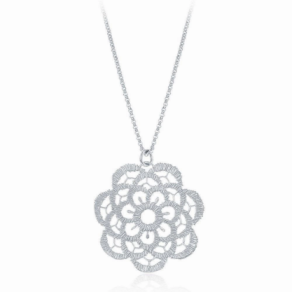 Sterling Silver Diamond Cut Flat Flower Necklace
