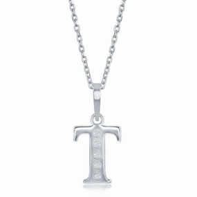 Sterling Silver Diamond "T" Initial Pendant Chain
