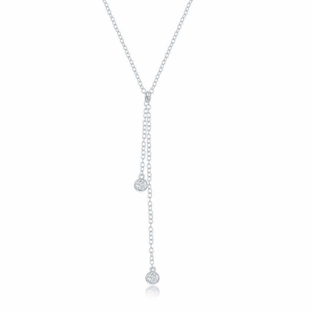 Sterling Silver Double Bezel-Set CZ Dangling Lariat Necklace