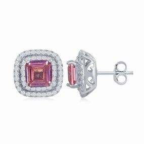 Sterling Silver Double Border Pink CZ Stud Earrings