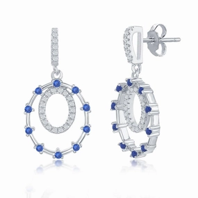Sterling Silver Double Circle and Blue CZ Earrings