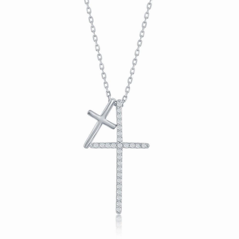 Sterling Silver Double Cross Cubic Zirconia Necklace