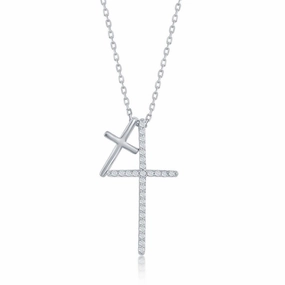 Sterling Silver Double Cross Cubic Zirconia Necklace