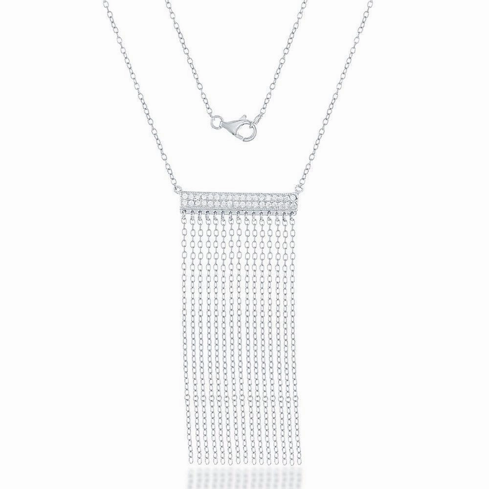 Sterling Silver Double CZ Bar with Tassels Necklace