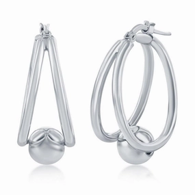 Sterling Silver Double Oval with 8mm Bead Earrings