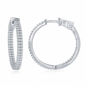 Sterling Silver Double Row CZ Hoop Earrings, 3 x 30 mm
