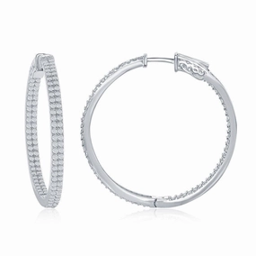 Sterling Silver Double Row CZ Hoop Earrings, 3 x 40 mm