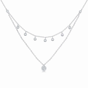 Sterling Silver Double Strand CZ with Micro Pave Disc Necklace