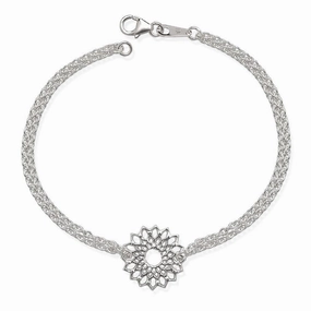 Sterling Silver Double Strand with Center Flower Bracelet, 7.5"