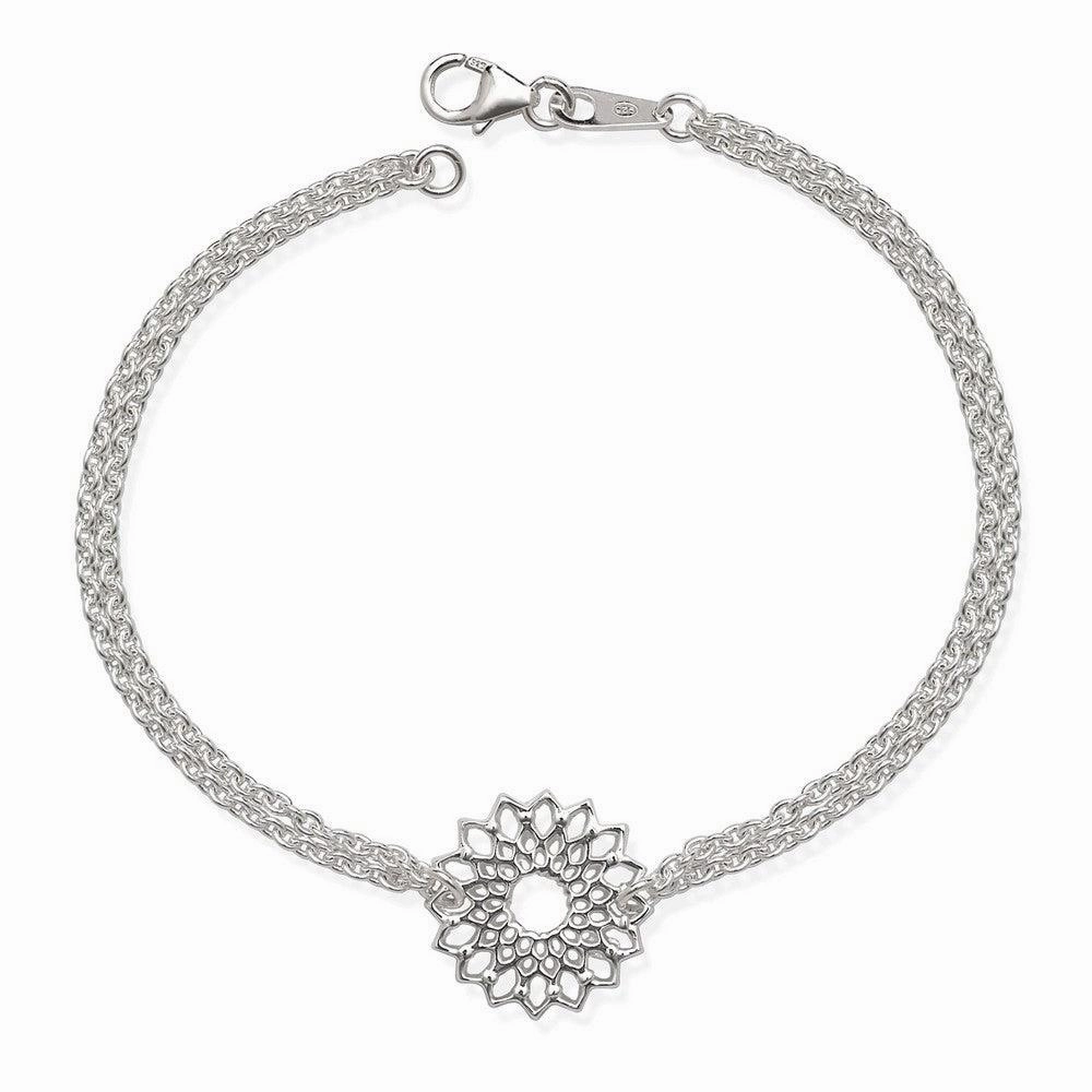 Sterling Silver Double Strand with Center Flower Bracelet, 7.5"