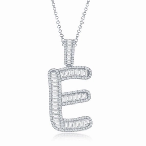 Sterling Silver E Initial Baguette CZ Pendant Chain