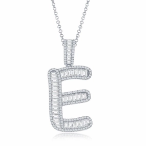 Sterling Silver E Initial Baguette CZ Pendant Chain
