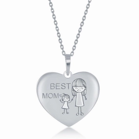 Sterling Silver Engraved Best Mom Mom and Daughter Heart Necklace