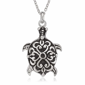 Sterling Silver Fancy Oxidized Turtle Pendant