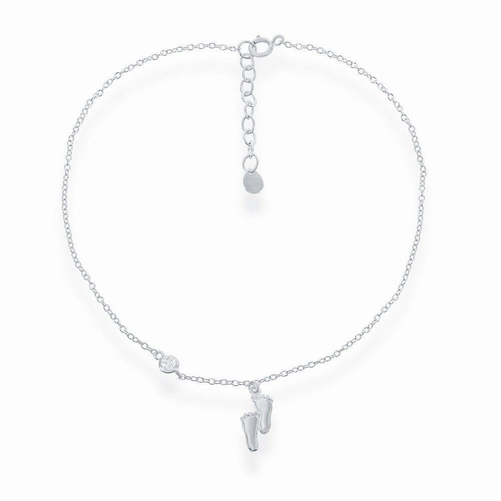Sterling Silver Foot Prints with Single CZ Anklet