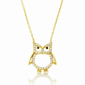 Sterling Silver Gold CZ Open Owl Necklace
