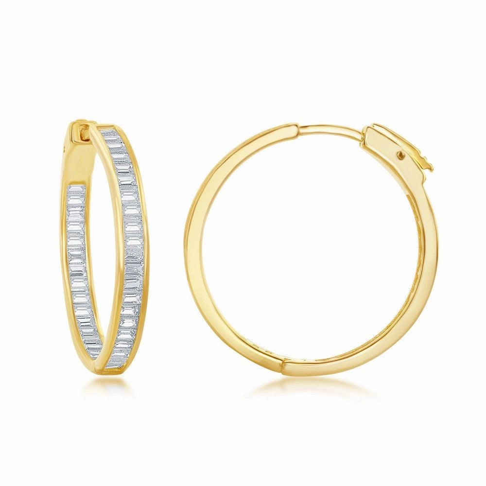 Sterling Silver Gold Plated Baguette CZ Earrings, 4 x 30 mm