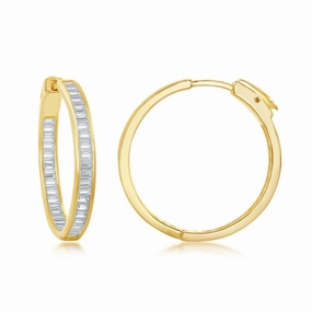 Sterling Silver Gold Plated Baguette CZ Earrings, 4 x 30 mm