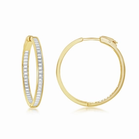 Sterling Silver Gold Plated Baguette CZ Earrings, 4 x 35 mm