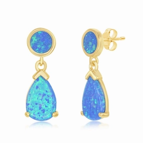 Sterling Silver Gold Plated Blue Inlay Opal Dangling Earrings