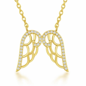 Sterling Silver Gold Plated CZ Angel Wings Necklace