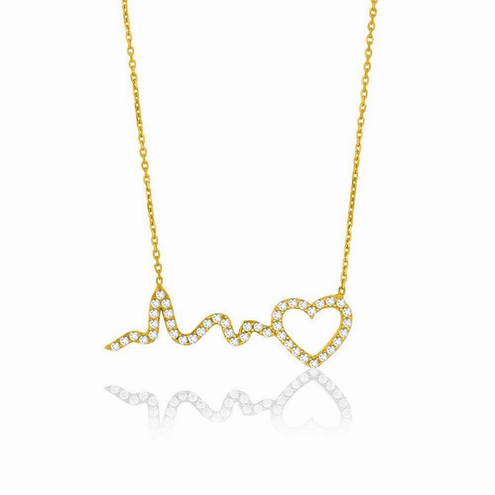 Sterling Silver Gold Plated CZ Heart Heartbeat Necklace