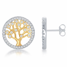 Sterling Silver Gold Plated CZ Round Tree Earrings