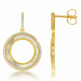 Sterling Silver Gold Plated MOP CZ Circle Earrings
